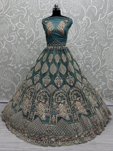 Glorious Teal Blue Net Wedding Wear Lehenga Choli With Dupatta - Ethnic Plus In